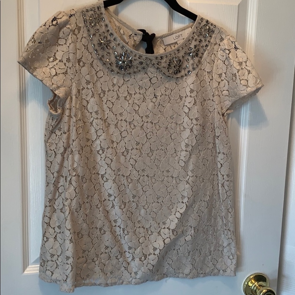 EUC Loft lace top with bejeweled bib, sz SP